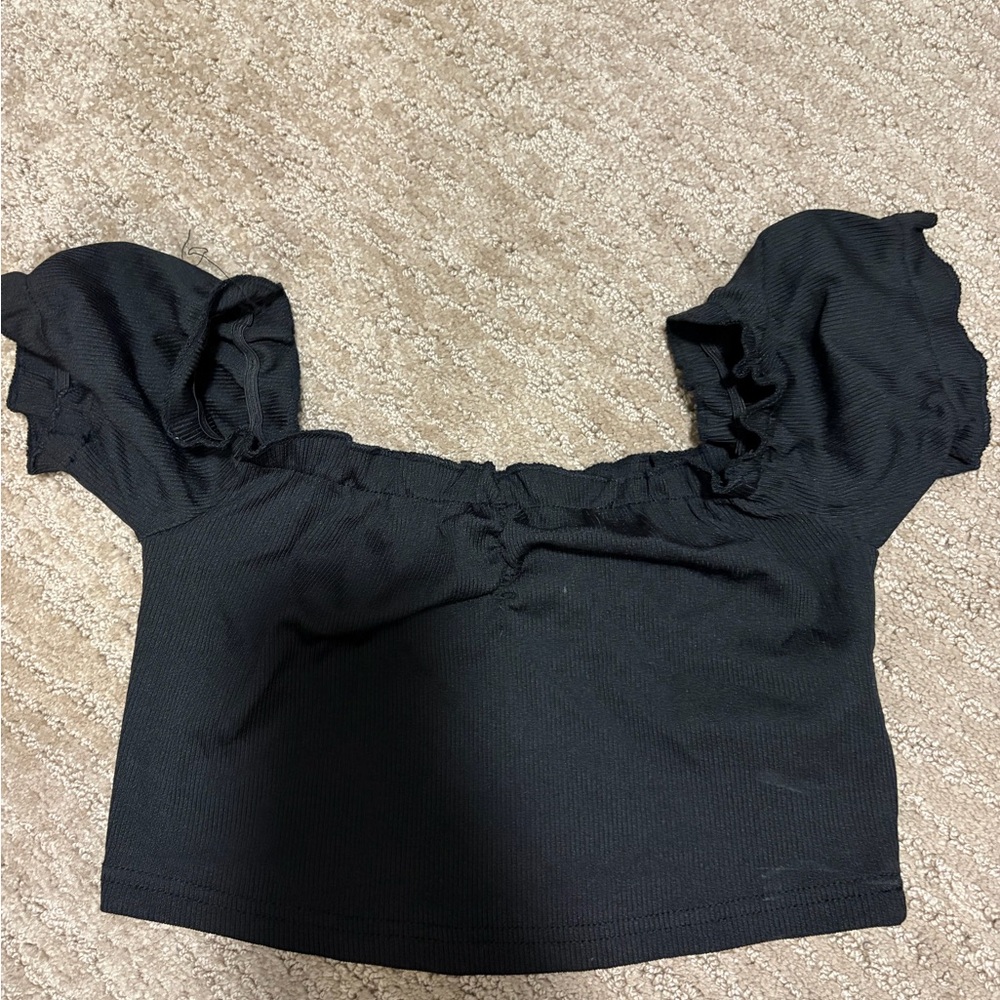 SHEIN Black Ruffle-Sleeve Off-Shoulder Crop Top